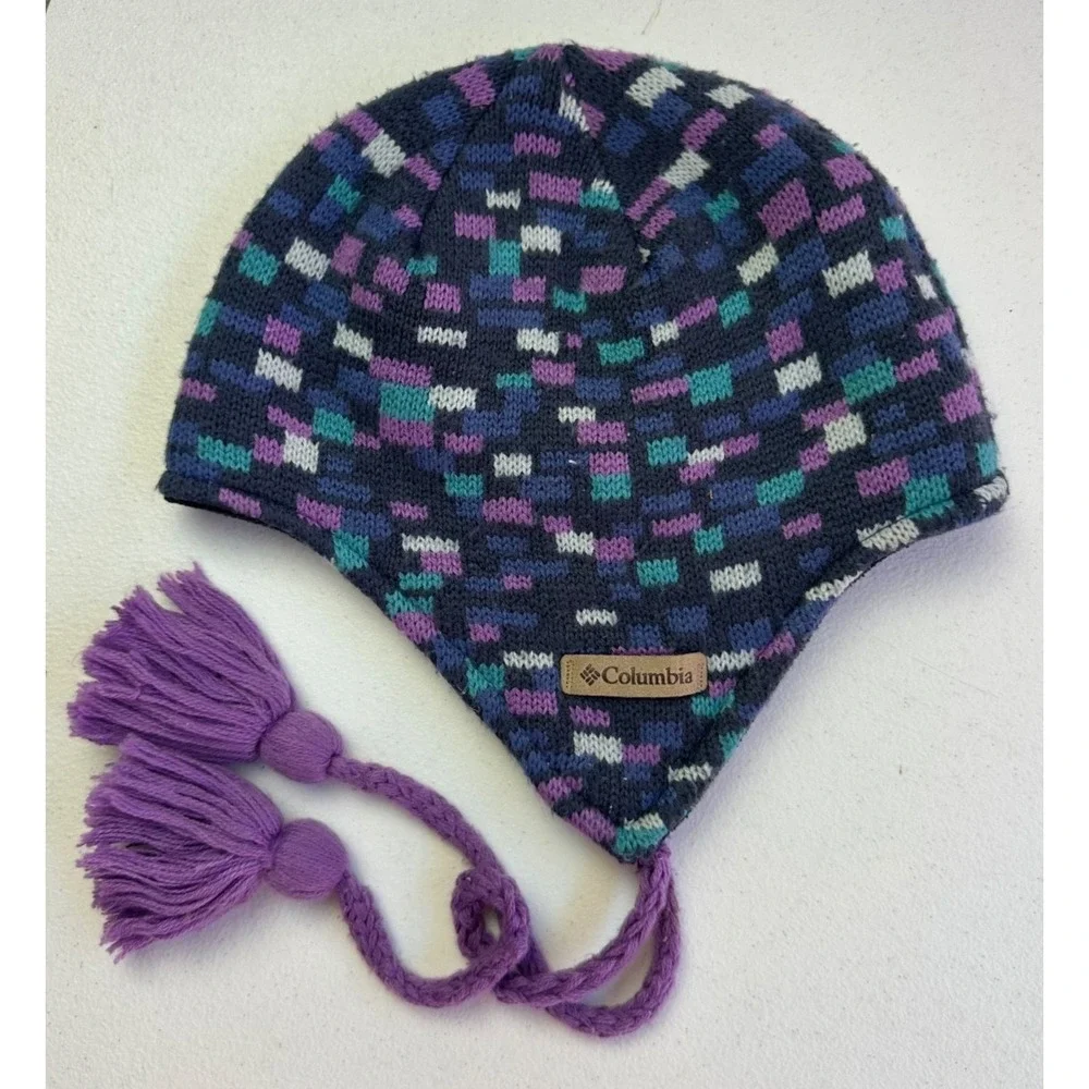 Columbia Youth Omni-Heat Beanie Purple Color Block Tassel Winter Hat Acrylic Ski